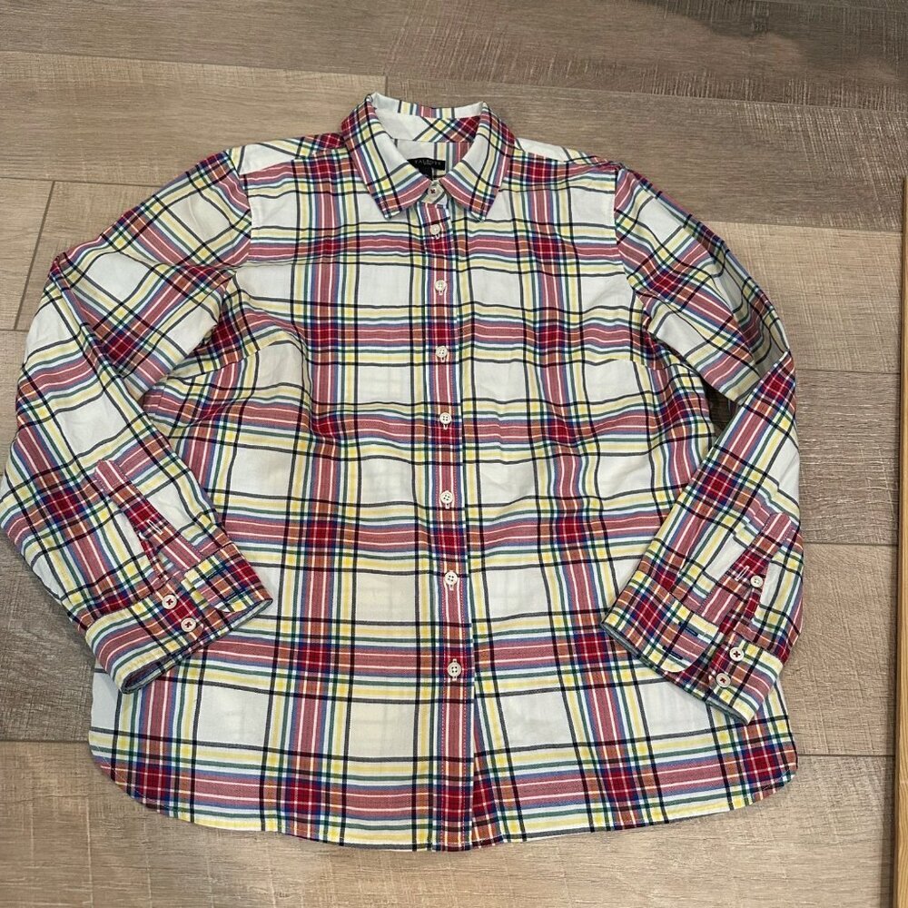 TALBOTS WOMENS MP LONG SLEEVE PLAID BUTTON UP SHIRT RED YELLOW GREEN BLACK BLUE